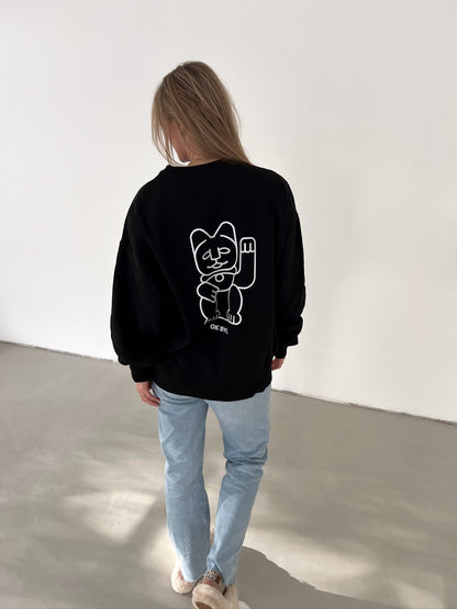 ok bye sweater, unisex, schwarz mit weißem print, rückenansicht