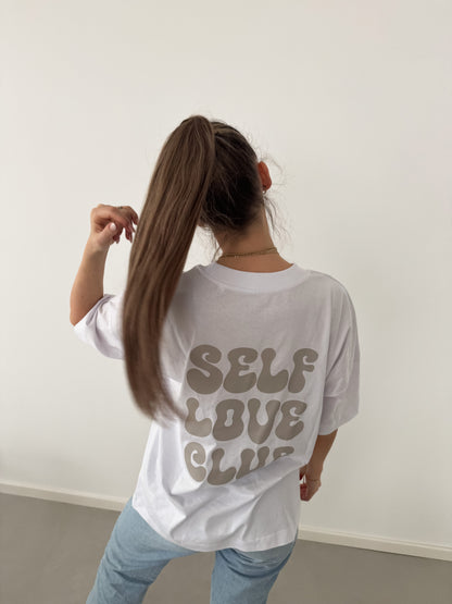 self love club shirt rueckenansicht weiß mit beige print unisex