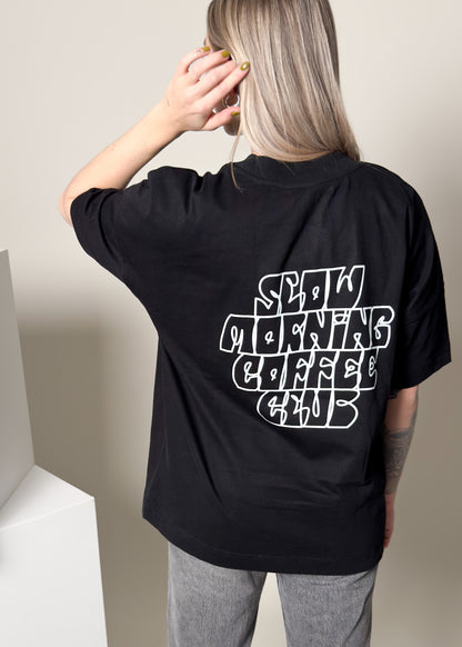 slow morning coffee club shirt, schwarz, getragen, rückenansicht